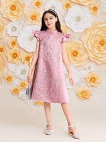 SHEIN Leap Crew Váy chữ A tay bồng, cổ đứng, ren xếp ly rộng rãi cho bé gái tuổi mới lớn - Hồng - Xem 3