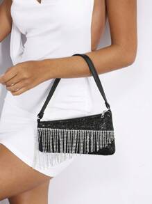 SHEIN ICON Women Diamond Tassel Glitter Shoulder Bag, Evening Bag, Club, Rhinestone - Black - View 3