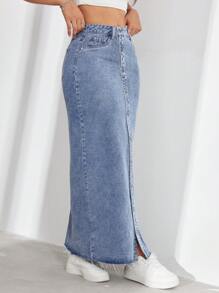 SHEIN EZwear Women's Long Denim Skirt With Front Button Closure