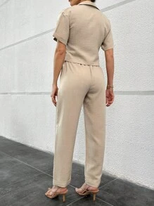 RueChic Women Shirt And Pant With Belt Set - Beige - View 2