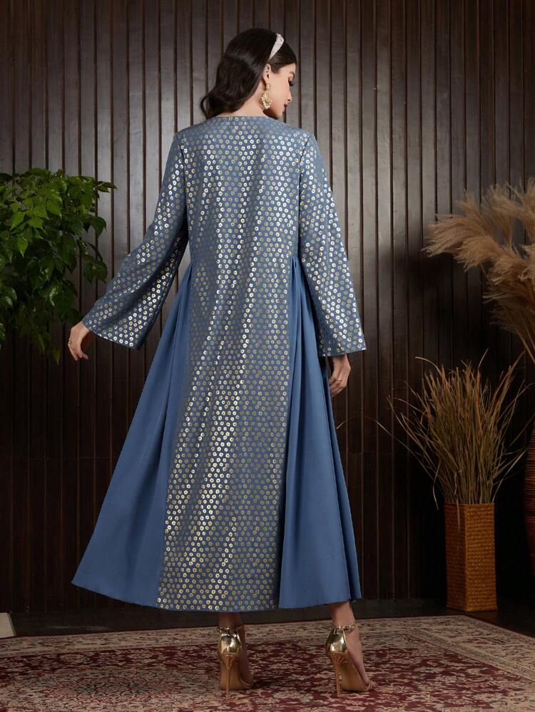 Women's Gold Print Contrast Trim Belted Flared Sleeve Dress