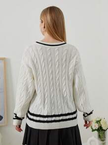 RueChic Suéter De Talla Grande Con Diseño De Rayas, Cuello En V Y Mangas Largas
