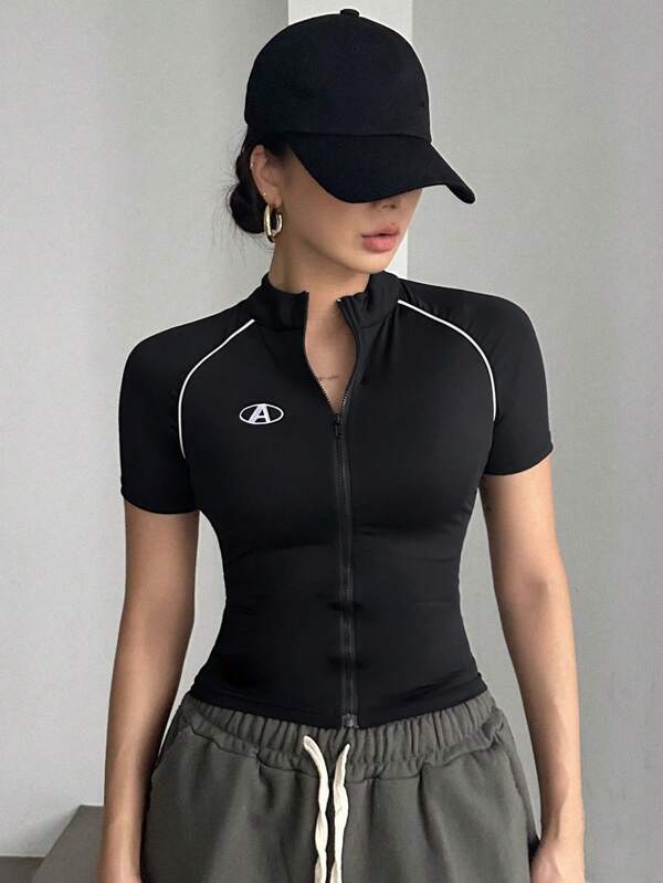 DAZY Tricou de vară pentru femei, cu mânecă scurtă, fermoar în față, slim fit, Y2K, topuri scurte pentru femei