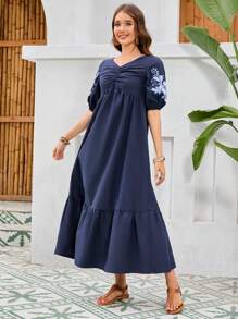 Seusyu 女裝獨特設計花卉刺繡百褶裙裝