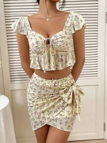 SHEIN Unity Dây rút Xu hướng: Cắt giảm Hoa Áo & Váy quấn Bộ - Màu vàng - Xem 3