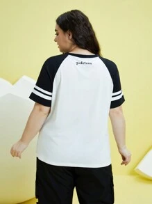 Gudetama X SHEIN Hơn Đồ họa bằng khẩu hiệu và hoạt hình Tương phản Tay Raglan Áo thun - Đen và trắng - Xem 2