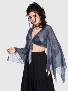 ROMWE Hippie Short Cropped Mesh Blouse With Sun, Moon & Stars Pattern And Flared Sleeves Tie Front - Blue - View 4