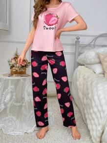 Women's Strawberry & Letter Print Pajama Set - Multicolor - View 4