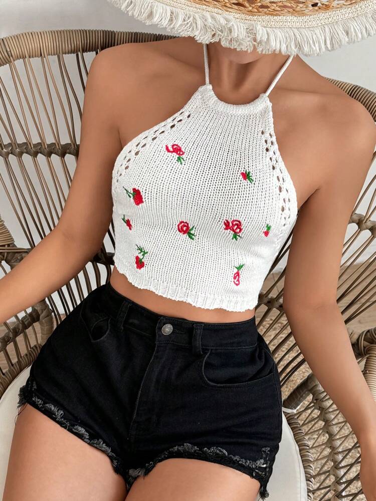Flower Embroidered Knit Top With Backless And Halter Neck Design