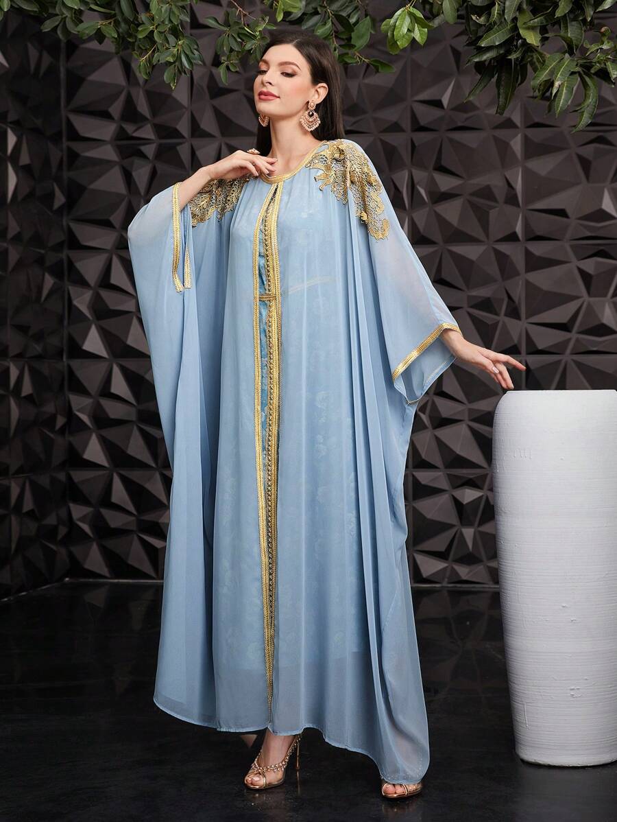 Al Najma Women's Elegant Turkish Long Shirt With Golden Embroidery Kaftan Jalabiya Dress - Baby Blue - View 1