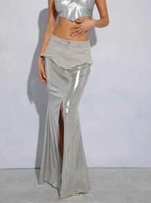 Hauture Women's Mixed Material Skirt With Frayed Detailing, Slit Hem And Split Design - Grey - View 1