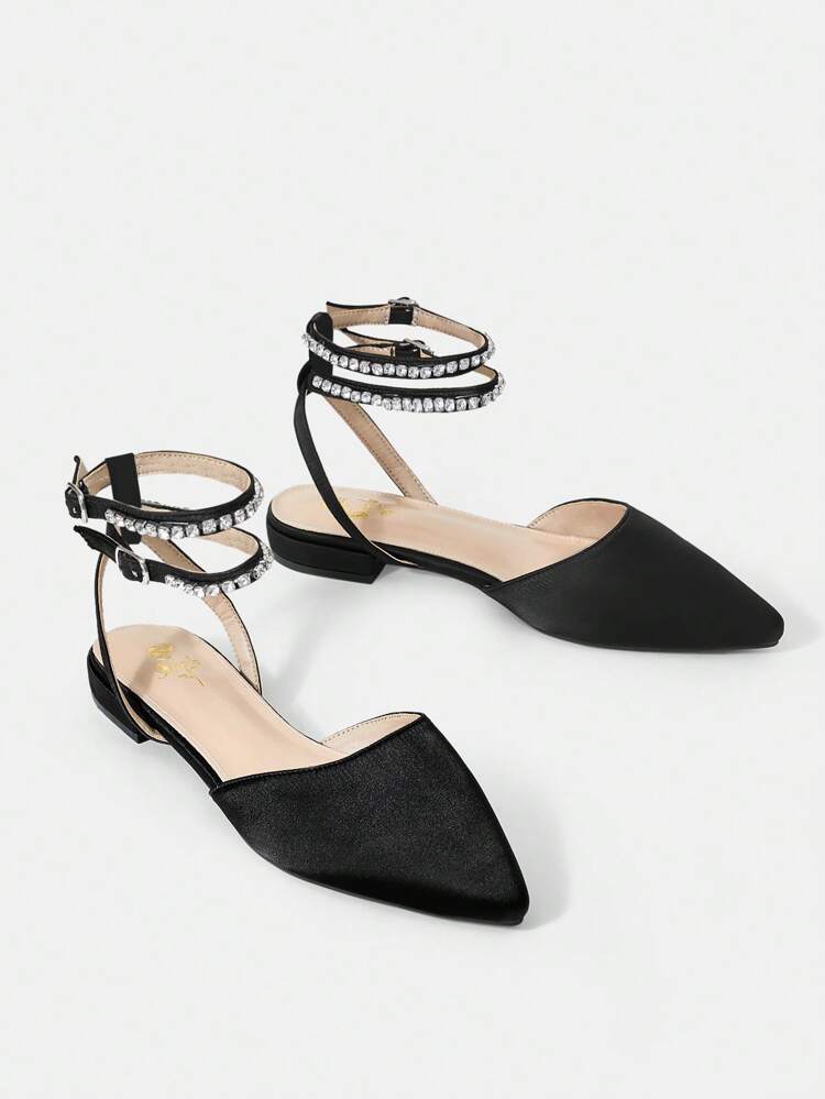 Ladies' Comfortable Pointed Toe Flat Shoes With Rhinestone Strap