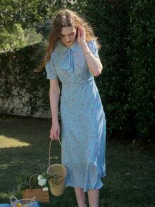 Simple Retro Women'S Printed Peter Pan Collar Long Fish Tail Dress Cottagecore Dress - Baby Blue - View 3