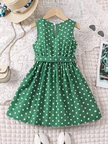 SHEIN Young Girl Green Polka Dot Sleeveless V-Neck Dress With Belt, Casual Vacation Style Fashionable And Versatile Spring/Summer New Arrival - Green - View 2