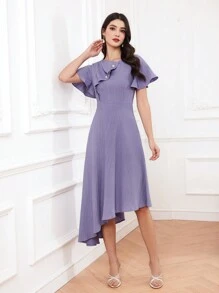 Modelyn Women's Decorative Button Asymmetrical Hem Ruffle Hem Dress - Purple - View 7