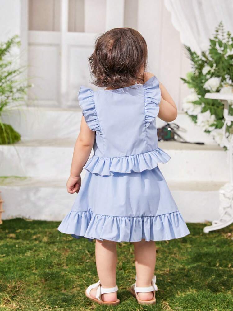 Baby Girl Casual Holiday Style Sleeveless Top With Ruffle Hem, Asymmetric Skirt Set