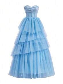 SHEIN Belle 露肩连衣裙，采用网眼拼接缎面和多层不对称网眼蓬松下摆，上衣为透明，适合晚会（重磅款） - 藍色 - 查看 4