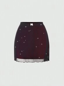 SHEIN Unity Ladies' Sparkly Mesh Tulle Skirt - Red - View 1
