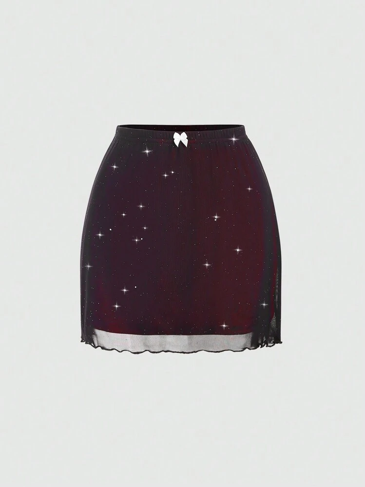 SHEIN Unity Jupe en tulle à mailles étincelantes pour femmes - Rouge - Voir 1