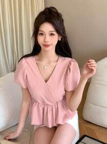 DAZY 女式纯色泡泡袖和泡泡下摆衬衫，荷叶边 - 粉色 - 查看 4