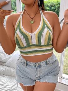 Flirla Plus Size Women's Hollow Out Halter Knitted Top