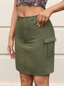 SHEIN EZwear Green Woven Utility A-Line Skirt - Army Green - View 4