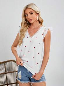 SHEIN Tall Women's Heart Pattern Printed Lace Trimmed Cap Sleeve Blouse - White - View 4
