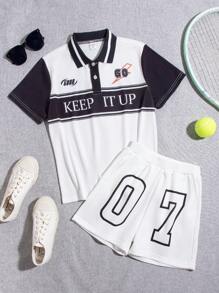 SHEIN Tween Girls' Color Block Letter Print Top With Digital Print Shorts - White - View 1