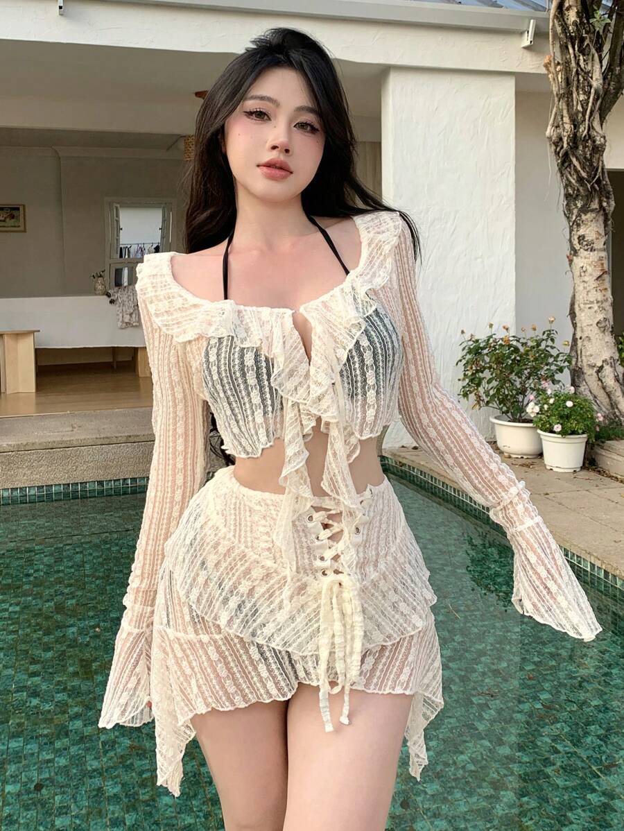 DAZY Women's Lace Embroidery Bikini Summer Festival Sheer