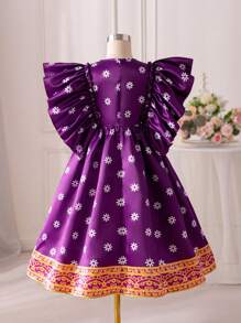 SHEIN Cô gái Tween Dệt In hoa Viền Ruffle Sự phối hợp Đầm giản dị - Màu tím - Xem 2