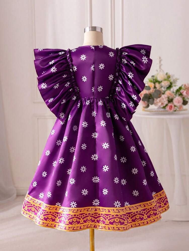 Tween Girls' Woven Floral Print Ruffle Trim Combination Casual Dress