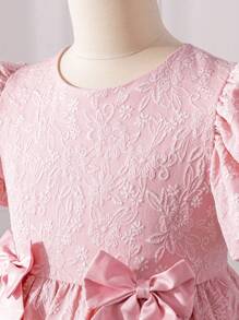 SHEIN فستان فتيات مراهقات بطبعة الورود وياقة دائرية وأكمام منتفخة وزينة عقدة