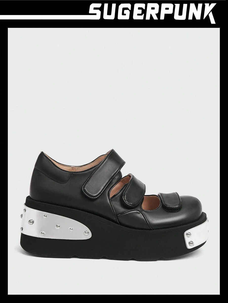 Sugerpunk Của phụ nữ Đúng mốt Đen Nền tảng Giày dép Với Khóa điều chỉnh , Linh hoạt - màu đen - Xem 1
