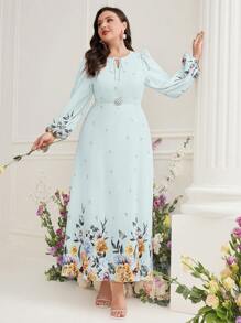 Mulvari Plus Size Floral Print Lantern Sleeve Dress
