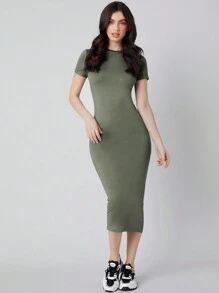 Mulvari Vestido ajustado de manga corta - Verde militar - Ver 6