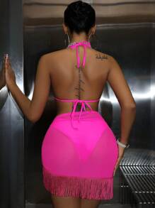 Swim EVENT Của phụ nữ Dây Trở lại Buộc Bras & Tam giác Đáy Bộ Bikini Với Tua Đồ trang trí , Cùng với Tua chi tiết Nút Bơi Váy - Màu Hồng Tươi - Xem 2