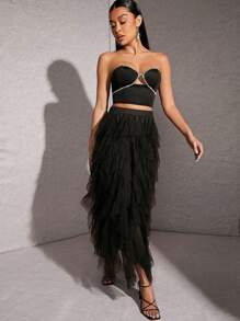 Hauture Ruffle Mesh High Waist Solid Elegant Skirt - Black - View 3