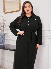 Modelyn Plus Size Women's Waist-Cinched Shirt Dress Long Evening Dresses - Black - View 7