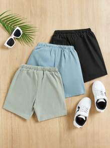 SHEIN Leap Crew Chàng trai trẻ Giải trí Thoải mái Chi tiết vá Quần short 3 cái/bộ - màu xanh lá - Xem 2