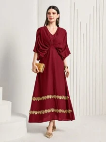Modelyn 勃艮第红色女式贴花装饰褶皱蝙蝠袖长袍连衣裙 - 酒紅色 - 查看 1