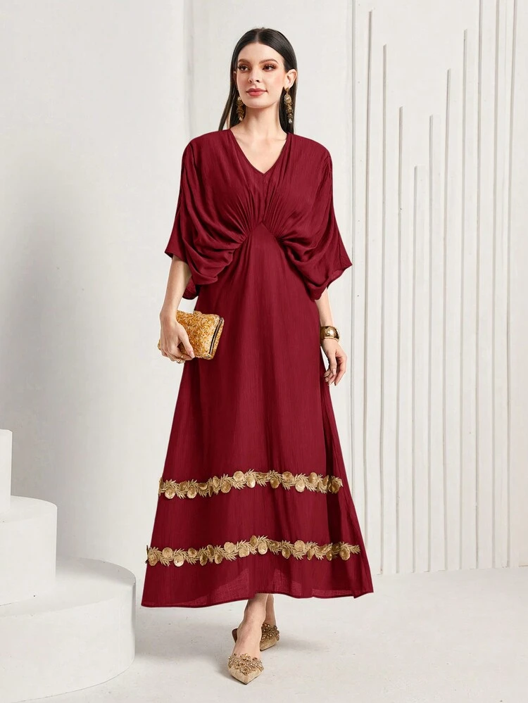 Burgundy Red Women's Applique Decorated Pleated Batwing Sleeve Kaftan Dress