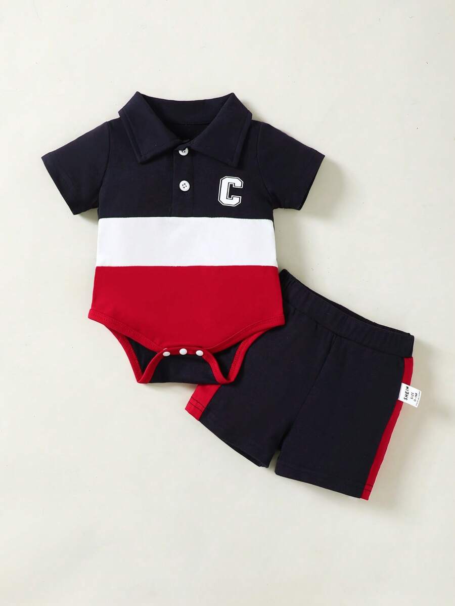 SHEIN Baby Boys' Colorblocked Polo Collar Short Sleeve Bodysuit And Shorts Set - Multicolor - View 1