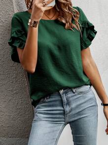 SHEIN Clasi Solid Ruffle Trim Petal Sleeve Blouse - Dark Green - View 3