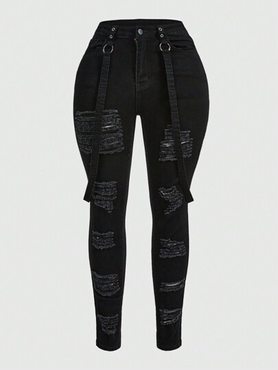 Grunge Punk Hardcore Punk Rock Style Ripped Distressed High Waisted Plus Size Women's Skinny Jeans With Weaving Detail, School