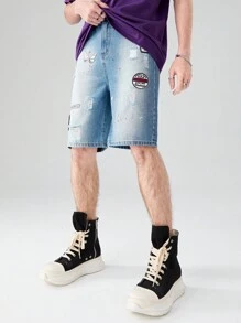 Teen Boy's Cool Streetwear Retro Wash Half Elastic Waistband Denim Shorts With Patch Details - Light Wash - View 5