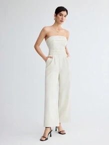 BizChic Women's Solid Color Pleated Strapless Jumpsuit - White - View 4