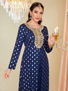 Divindia Embroidered And Applique Gold Polka Dots Print Long Sleeve Kurta - Multicolor - View 6