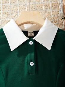 Tween Girl Color Block Collared Sweatshirt Dress With Pleated Hem, College Style, Comes With Bag