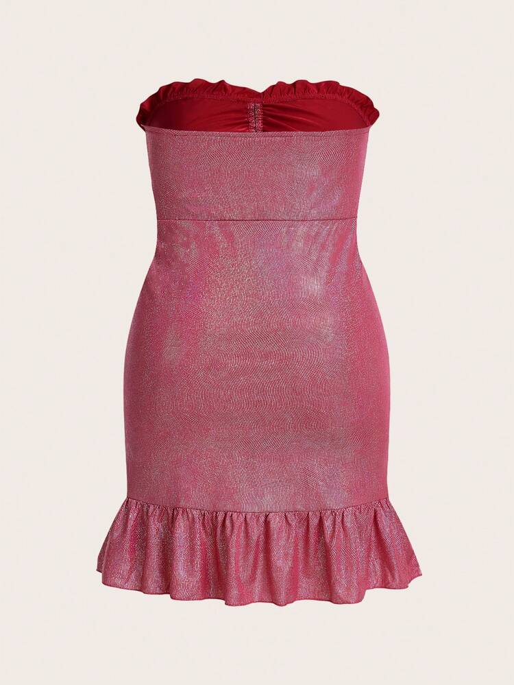 Plus Size Strapless Lace Trim Shiny Valentine's Day Party Dress
