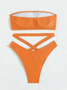 SHEIN Swim 女式夏季海灘實色中空無帶比基尼套裝泳衣 - 橘色 - 查看 2